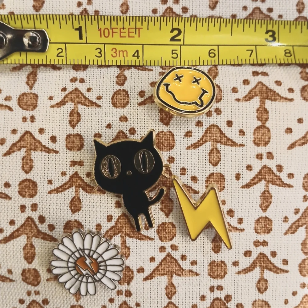 NWOT Cute Enamel Pin Set - Black Cat, Yellow Lightning, White Flower, Smiley